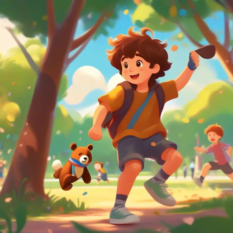 A young and playful boy with messy brown hair and Jujubear playing with friends at the park