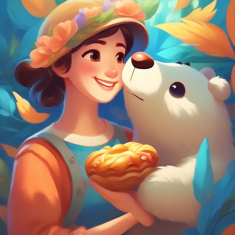 A kind-hearted woman with bright blue eyes and a warm smile feeding Jujubear with a smile on her face