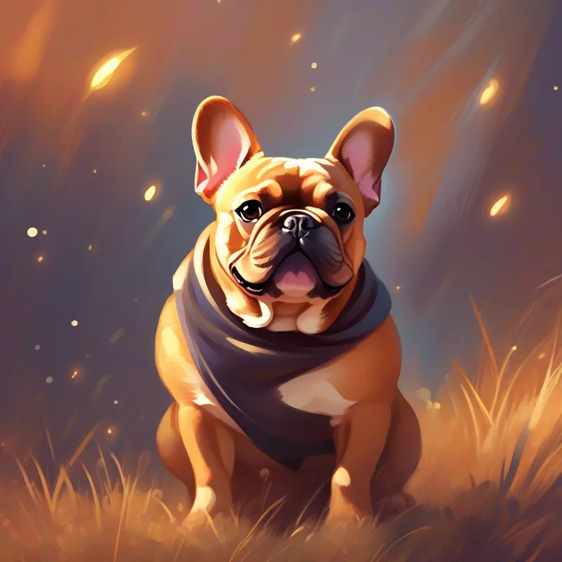 A French bulldog, with a smooshed face and a honey-brown coat, the French bulldog, glowing with happiness