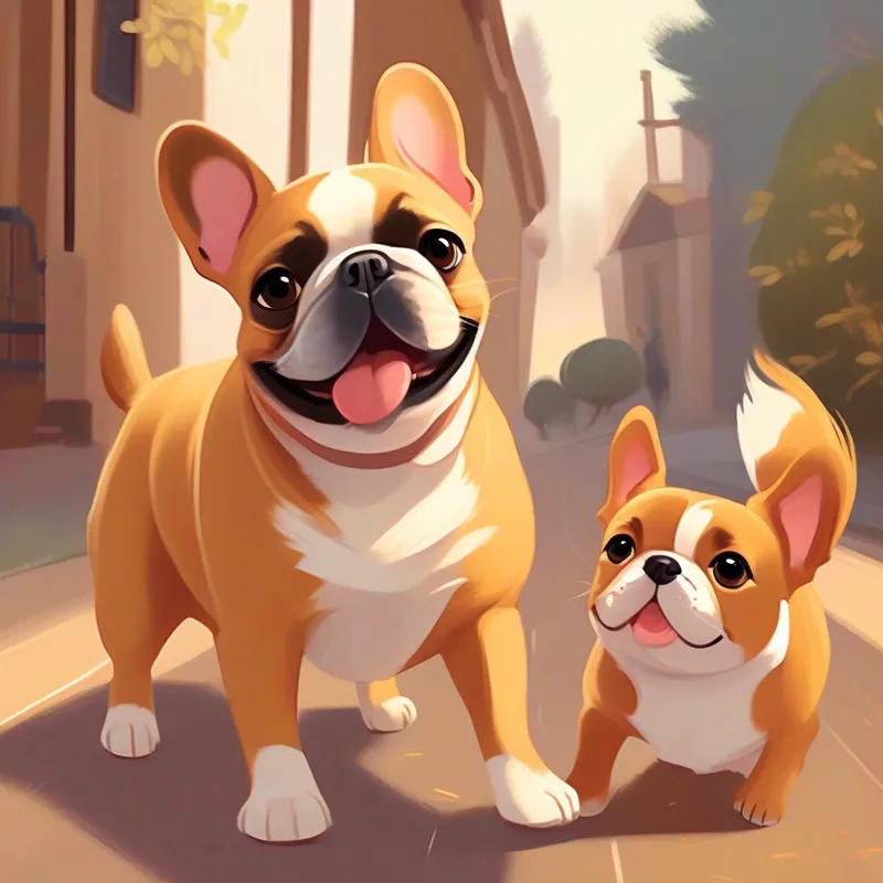 A French bulldog, with a smooshed face and a honey-brown coat and A friendly girl dog with a fluffy fur coat and a playful personality, happily playing and wagging their tails