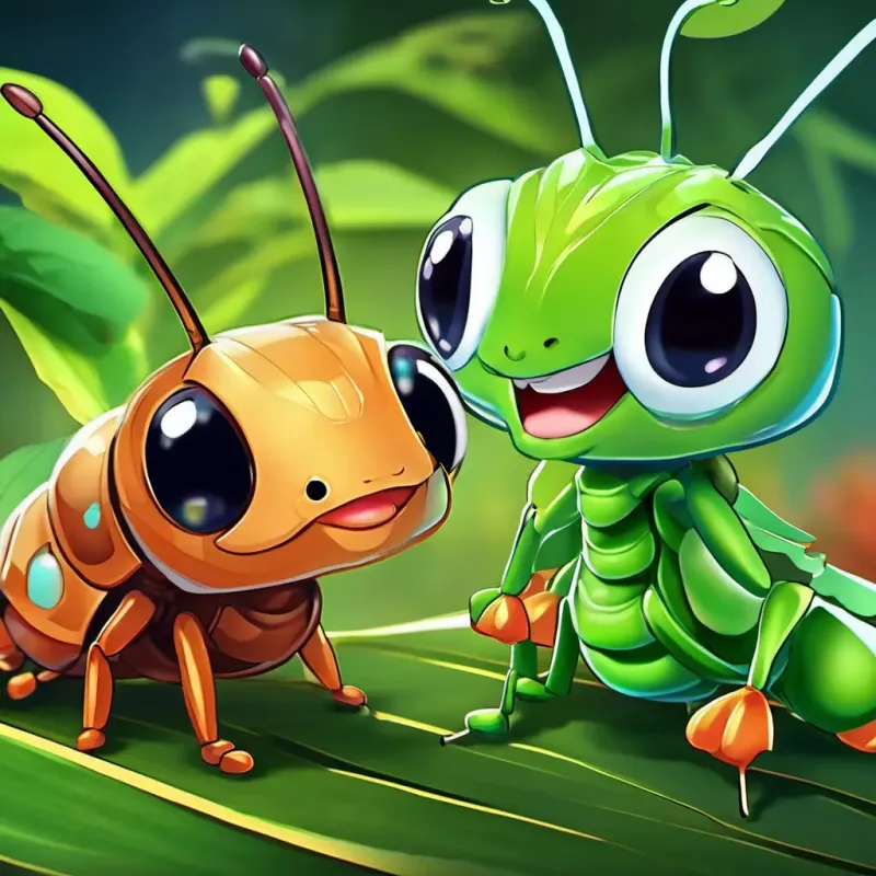 The A small ant with black eyes and a hardworking expression is talking to the A green grasshopper with big eyes and a happy smile, pointing at its food storage. The A green grasshopper with big eyes and a happy smile looks confused.