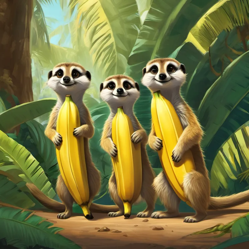 As they ventured deeper into the kingdom, Hanna and Flash noticed bustling meerkats scurrying to and fro, each carrying a golden banana in their tiny paws. The meerkats were in a state of panic, frightened by a mischievous monkey named Terrence, who wanted to claim their beautiful banana trees for himself. Brave Hanna stepped forward, her heart filled with determination. She approached the meerkat leader, Melissa, and offered her help. "Melissa," she said, "I promise to defend your precious banana trees and help you stand up against the cheeky monkey."