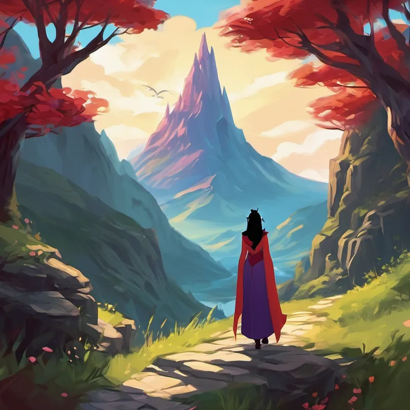 Finally, they reached the towering mountain, where Morgana's lair was concealed. With the help of the fairies' magic, Alya snuck past the sorceress' minions and reached Morgana's chamber. Standing tall and fearless, Alya demanded the return of the stolen crystal. Morgana laughed wickedly, her eyes glowing red with malice. "You'll never succeed, Alya!"