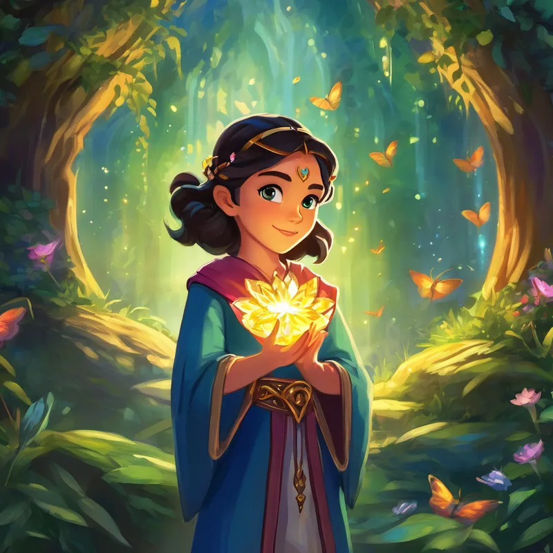 But little did Morgana know that Alya's pure heart held a power stronger than any darkness. With a burst of magical energy, the crystal flew from Morgana's hands and into Alya's, shining brighter than ever before. The kingdom was saved! As Alya returned the crystal to its rightful place, the land transformed into a paradise of joy and harmony. The fairies sang with gratitude, and the mystical creatures cheered in celebration. Alya, now hailed as a true hero, bid farewell to her enchanted friends, promising to return whenever they needed her.