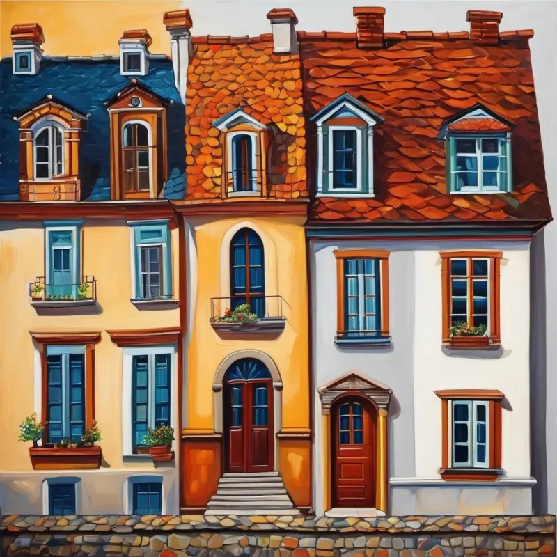 In the little town, Old houses with pointy roofs and small windows, cozy-looking had pointy roofs and small windows, while New houses with flat roofs and big windows, modern-looking had flat roofs and big windows. Old houses were made of bricks and had chimneys, while New houses with flat roofs and big windows, modern-looking were made of shiny glass and had fancy doors. Old houses looked cozy, New houses with flat roofs and big windows, modern-looking looked modern.