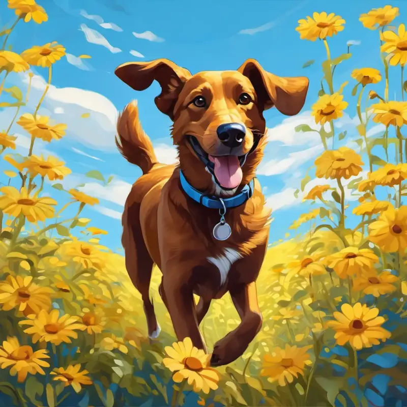 Brown dog with floppy ears, bright and friendly eyes, wagging tail, a cute brown dog with floppy ears, running in a field of bright yellow daisies under a sunny blue sky.