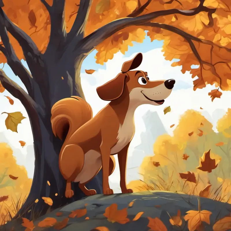 Brown dog with floppy ears, bright and friendly eyes, wagging tail chasing a squirrel, her nose to the ground, and the squirrel darting up a tall oak tree with leaves rustling.