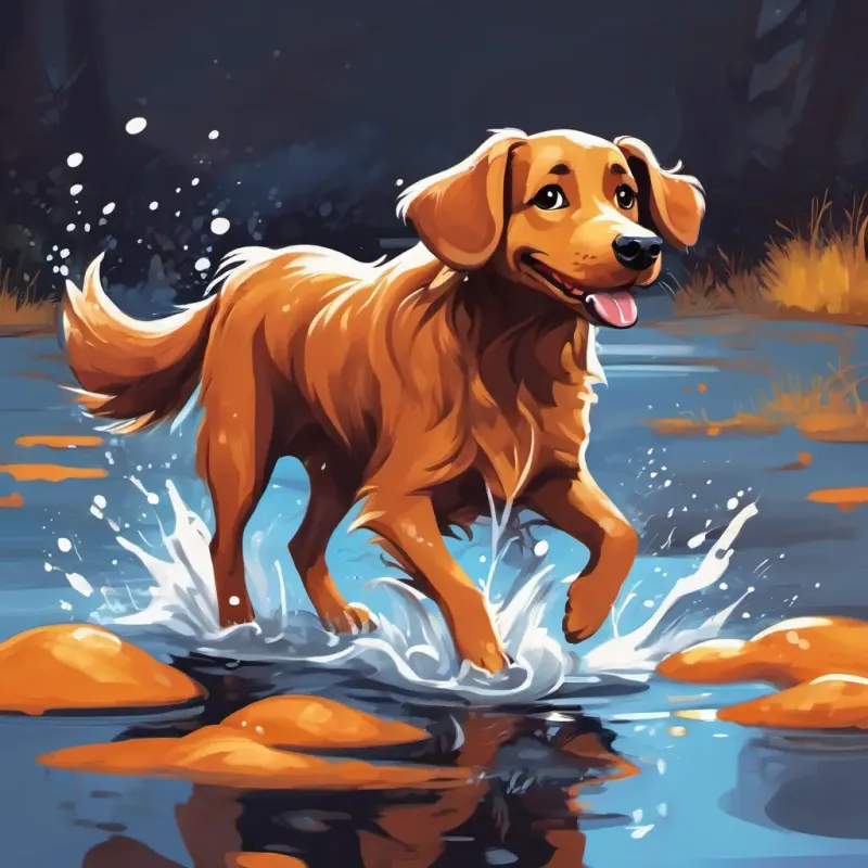Brown dog with floppy ears, bright and friendly eyes, wagging tail jumping gleefully in big puddles, water splashing up, and her tail wagging wildly.