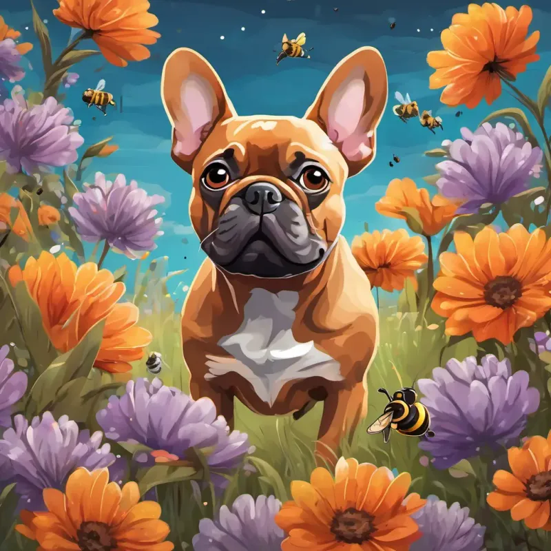Brown dog with floppy ears, bright and friendly eyes, wagging tail and Gray French bulldog with big expressive eyes, short snout, playful demeanor, a little gray French bulldog, leaping and playing in a field of colorful flowers with bees buzzing around.