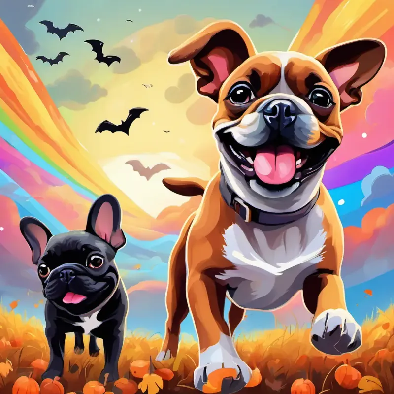 Brown dog with floppy ears, bright and friendly eyes, wagging tail and Gray French bulldog with big expressive eyes, short snout, playful demeanor barking joyfully, jumping and laughing under a rainbow in the sky.