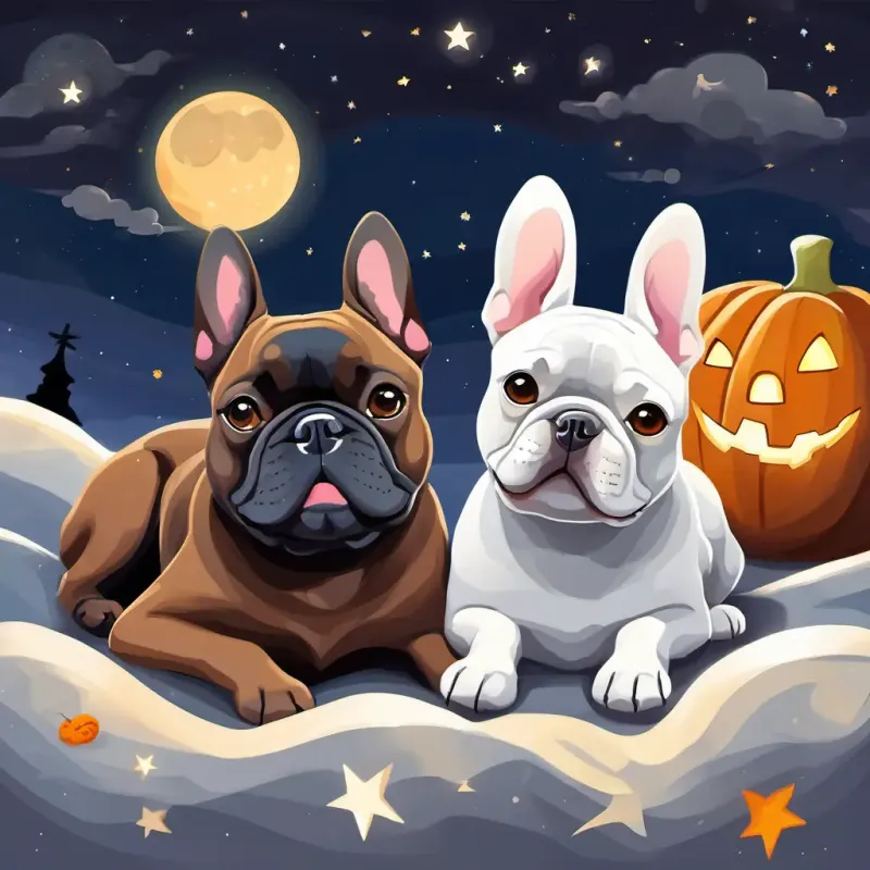 Brown dog with floppy ears, bright and friendly eyes, wagging tail and Gray French bulldog with big expressive eyes, short snout, playful demeanor curled up together, fast asleep under a starry sky, dreaming about their playful day.