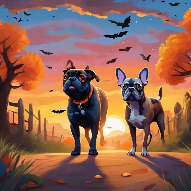 The words 'The end!' in big colorful letters with Brown dog with floppy ears, bright and friendly eyes, wagging tail and Gray French bulldog with big expressive eyes, short snout, playful demeanor walking off into the sunset.