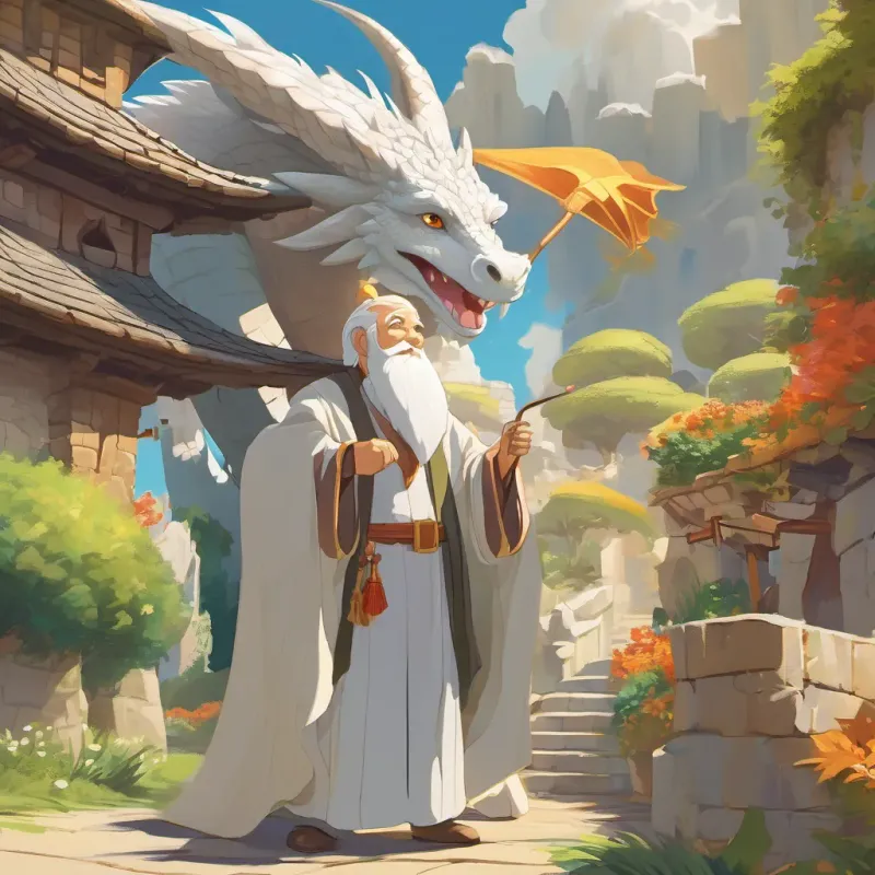 The small dragon, A small, cheerful dragon with bright eyes and a flicking tail, exuding magic, looking inquisitively at An elderly man with a long white beard, wearing a wizard-like robe, looking wise and kind under a bright, sunny sky.
