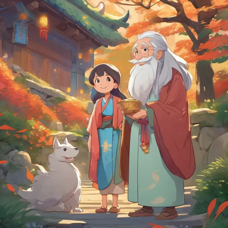 A pretty young girl with a kind and brave demeanor, wearing simple yet colorful clothes meeting An elderly man with a long white beard, wearing a wizard-like robe, looking wise and kind and A small, cheerful dragon with bright eyes and a flicking tail, exuding magic, warmly welcoming them.