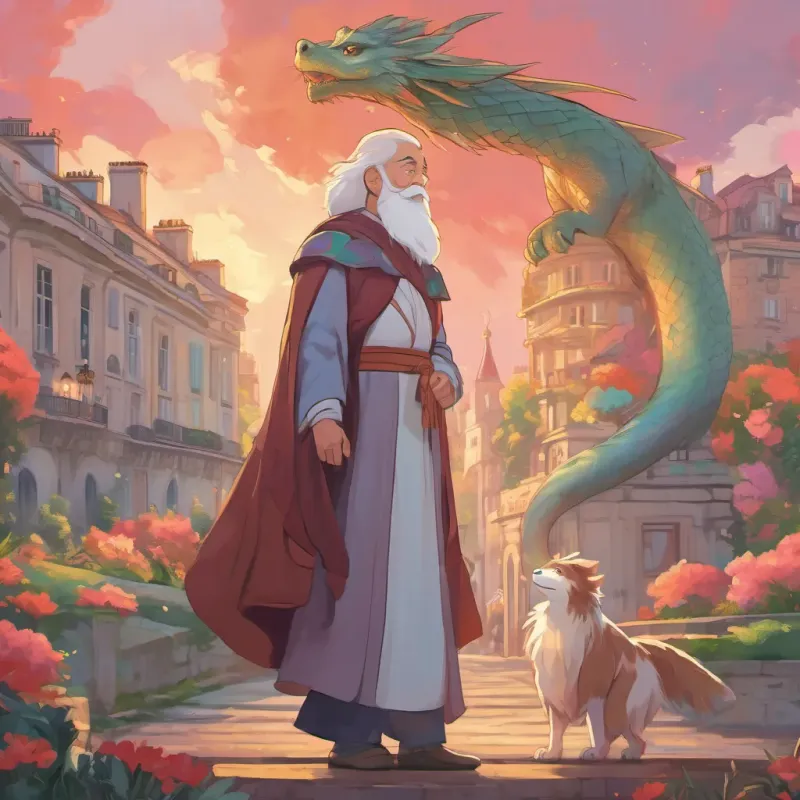 A pretty young girl with a kind and brave demeanor, wearing simple yet colorful clothes ready for her mission, standing courageously with An elderly man with a long white beard, wearing a wizard-like robe, looking wise and kind and A small, cheerful dragon with bright eyes and a flicking tail, exuding magic by her side under the Paris sky.