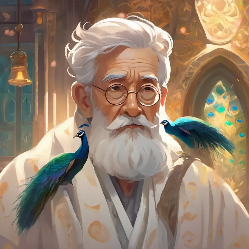An elderly man with a long white beard, wearing a wizard-like robe, looking wise and kind looking solemn as he starts recounting the tale, with the imagination of a peacock floating in the background.