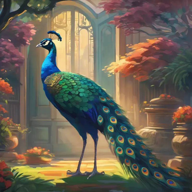 Dark shadows looming over a peacock, which looks frightened and trapped.