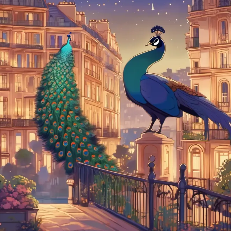 The peacock looking toward a night sky where a silhouette of Paris can be seen.