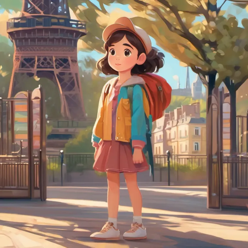 A pretty young girl named A pretty young girl with a kind and brave demeanor, wearing simple yet colorful clothes standing in front of the Eiffel Tower, looking brave and determined.