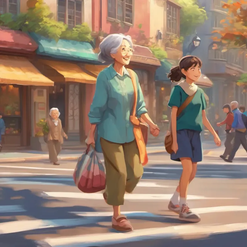 A pretty young girl with a kind and brave demeanor, wearing simple yet colorful clothes helping an elderly lady cross the street, smiling brightly.