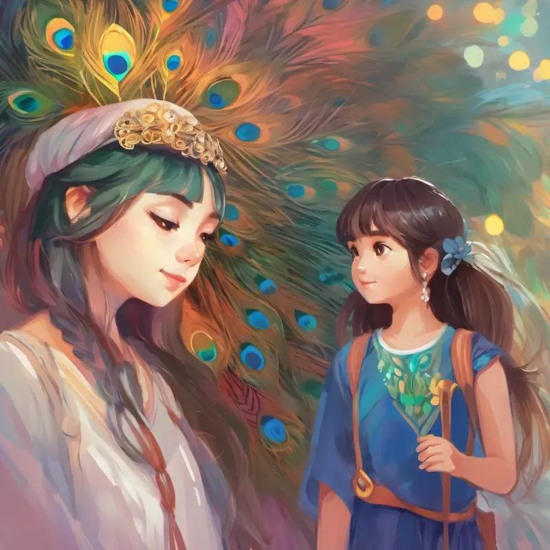 A magical peacock whispering to A pretty young girl with a kind and brave demeanor, wearing simple yet colorful clothes, who looks inspired and ready for adventure.
