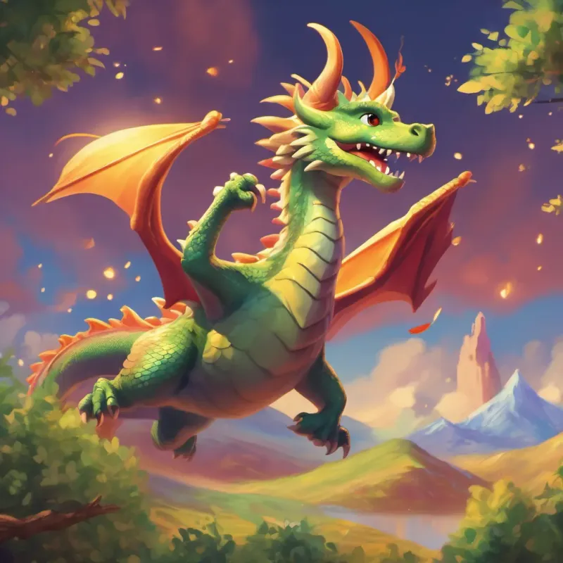 A small, cheerful dragon with bright eyes and a flicking tail, exuding magic the dragon happily flying around with joy, spreading magic.