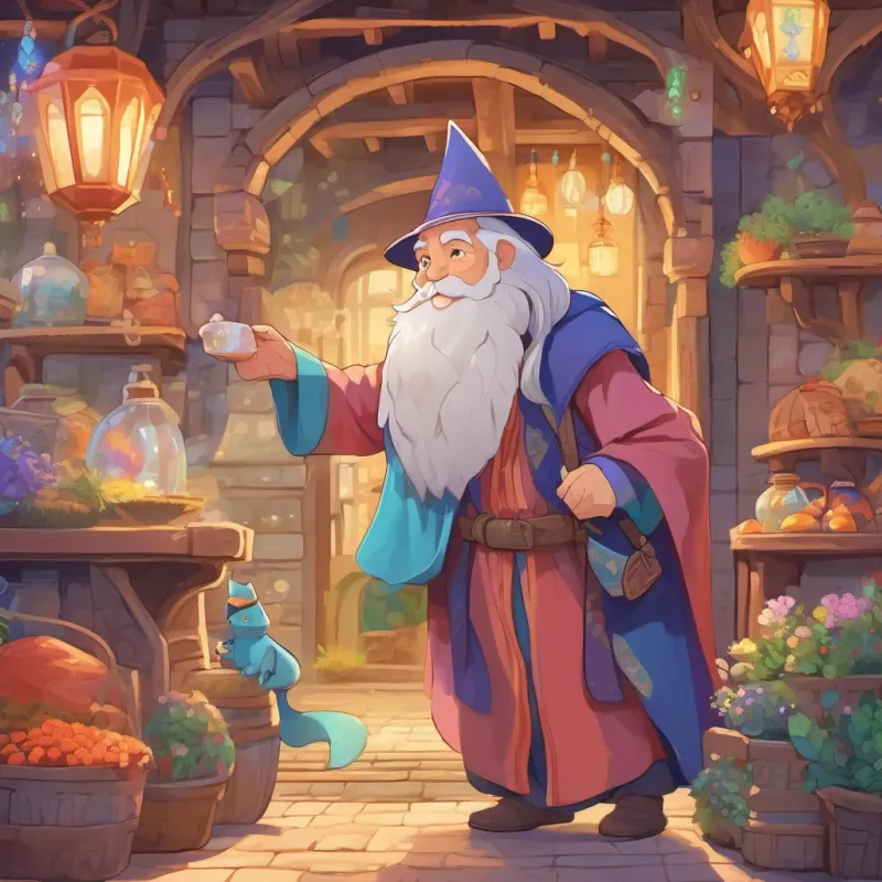 An elderly man with a long white beard, wearing a wizard-like robe, looking wise and kind and A small, cheerful dragon with bright eyes and a flicking tail, exuding magic packing up, ready for an adventure to Paris, with lively, colorful surroundings.