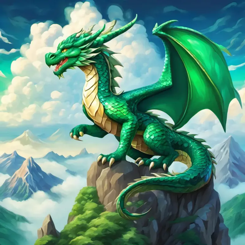 A picture of A mystical dragon with emerald green scales and sparkling diamond-like eyes, the dragon, with green scales and sparkling diamond-like eyes. He is perched on a mountaintop, surrounded by clouds.