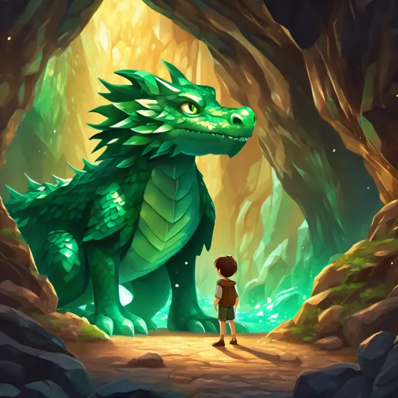 A picture of A young boy with messy brown hair and big curious eyes, a young boy with messy brown hair and big curious eyes, standing in front of A mystical dragon with emerald green scales and sparkling diamond-like eyes's cave. The cave is glowing with a golden light.