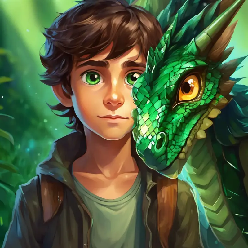 A picture of A mystical dragon with emerald green scales and sparkling diamond-like eyes and A young boy with messy brown hair and big curious eyes sitting next to each other. A mystical dragon with emerald green scales and sparkling diamond-like eyes is speaking to A young boy with messy brown hair and big curious eyes and A young boy with messy brown hair and big curious eyes is listening attentively with a look of wonder on his face.