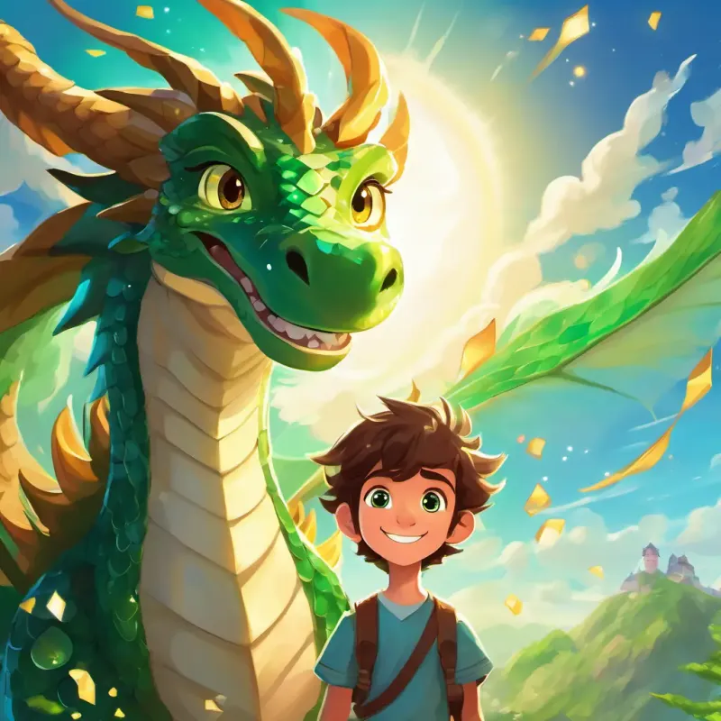 A picture of A young boy with messy brown hair and big curious eyes and A mystical dragon with emerald green scales and sparkling diamond-like eyes flying through the sky, with smiles on their faces. The sun is shining brightly, representing hope and happiness.