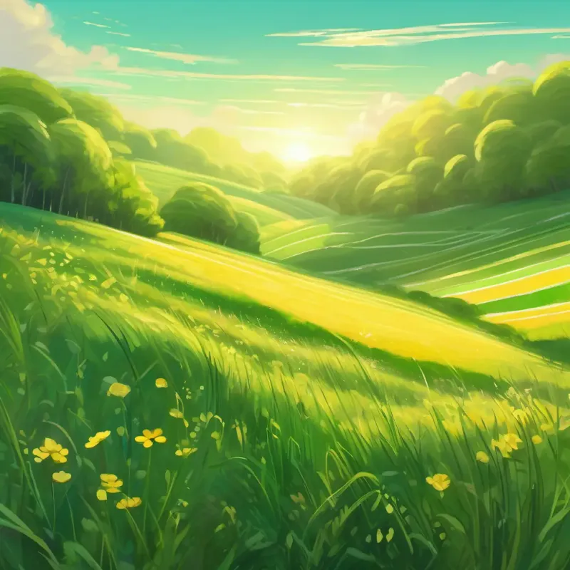 Introducing meadow setting, Green and yellow stripes, sparkling in sunlight, tiny awakening.