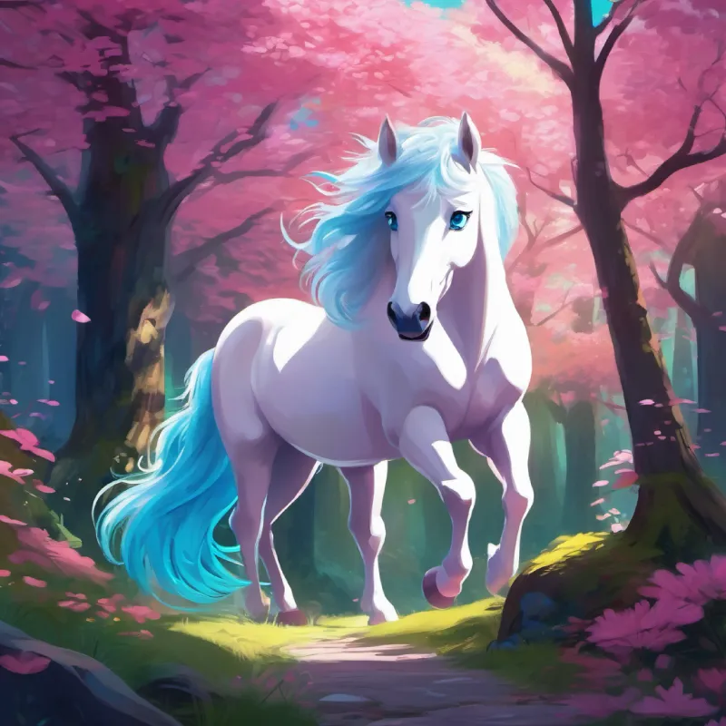 Introduction, Enchanted Forest, White with a flowing pink mane, bright blue eyes, playful setting
