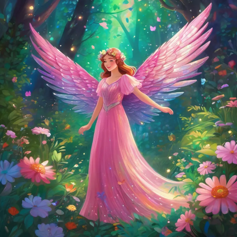 Meeting Shimmering wings, glittery pink dress, sparkling green eyes in the Enchanted Forest, rainbow flowers, playful interaction