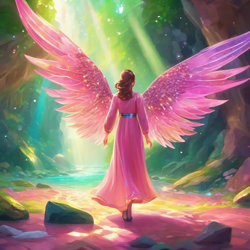 Shimmering wings, glittery pink dress, sparkling green eyes's revelation, mysterious rainbow treasure, Sparkling Caves