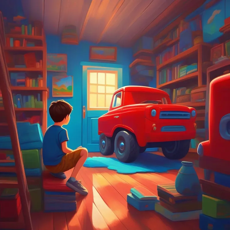 A boy with brown hair, wearing a blue t-shirt looking for his red truck, colorful room