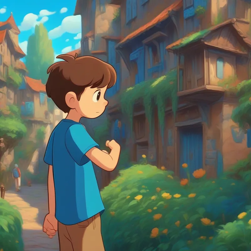 A boy with brown hair, wearing a blue t-shirt searching in different places, blue and sad