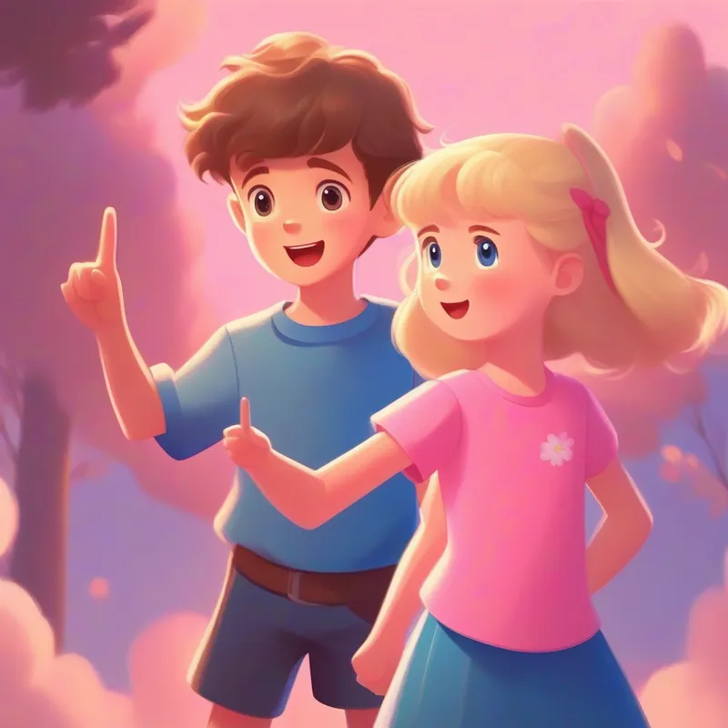 A boy with brown hair, wearing a blue t-shirt and Chase's sister with blonde hair, wearing a pink dress talking and pointing, pink and helpful