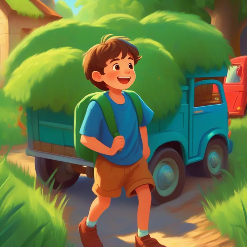 A boy with brown hair, wearing a blue t-shirt finding his red truck, green and happy