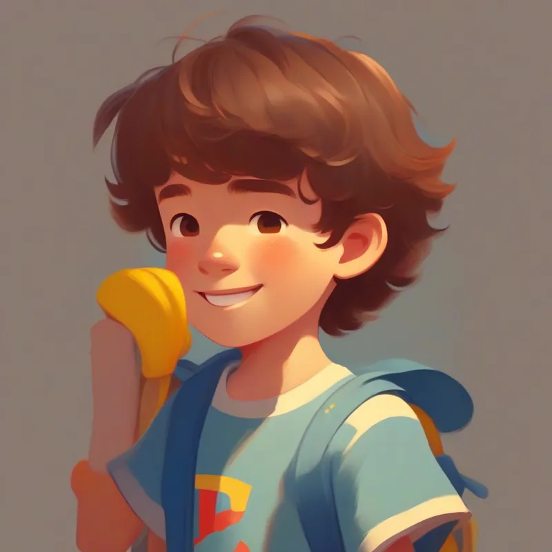 A boy with brown hair, wearing a blue t-shirt smiling and holding his red truck, yellow and confident