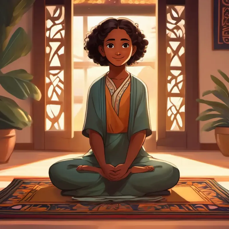 A young girl with warm brown skin, dark eyes, always with a quiet smile's prayer rug, personal spiritual space.