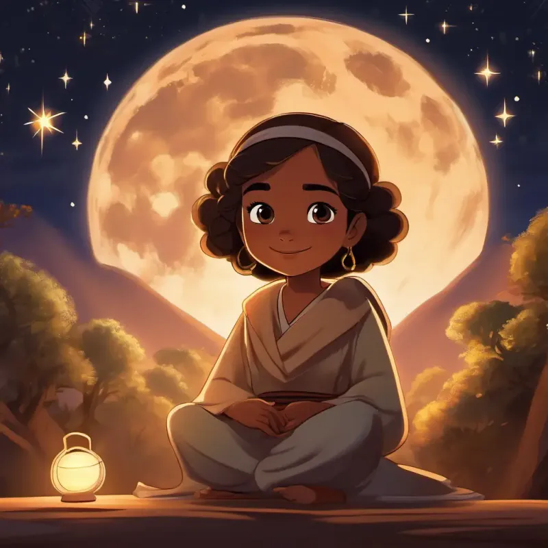 A young girl with warm brown skin, dark eyes, always with a quiet smile's fifth salah under the starlit night.