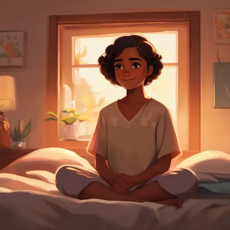 A young girl with warm brown skin, dark eyes, always with a quiet smile's bedtime, feeling content and peaceful.