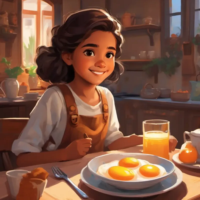 Breakfast with A young girl with warm brown skin, dark eyes, always with a quiet smile's family, bonding.