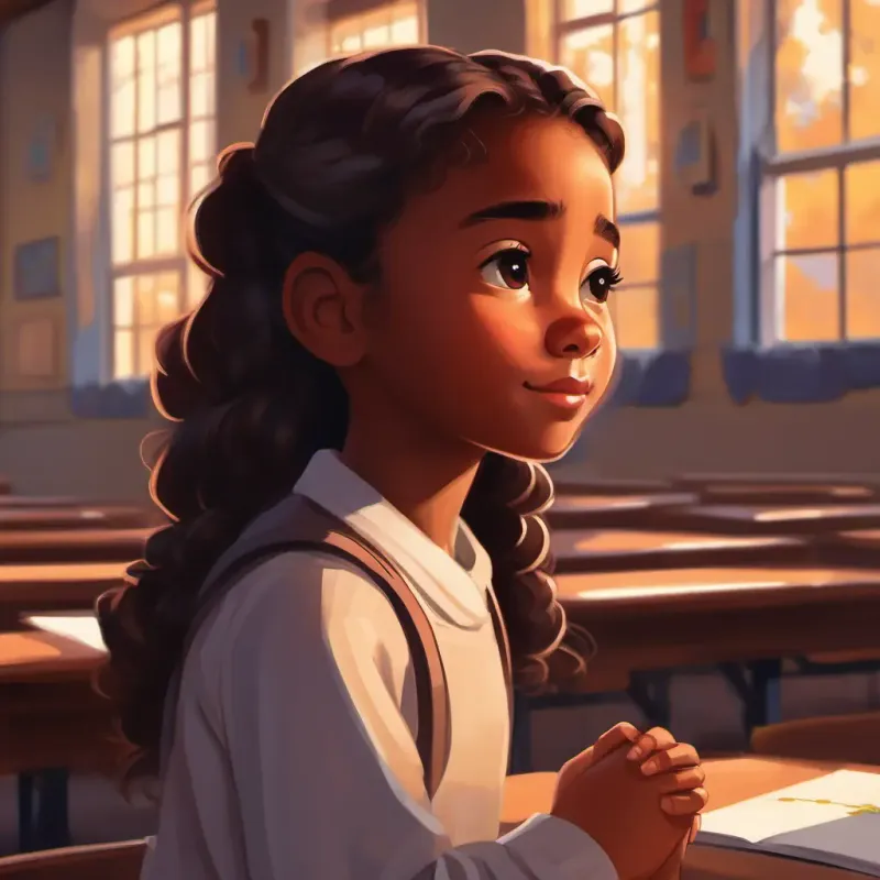 A young girl with warm brown skin, dark eyes, always with a quiet smile at school, praying during her break.