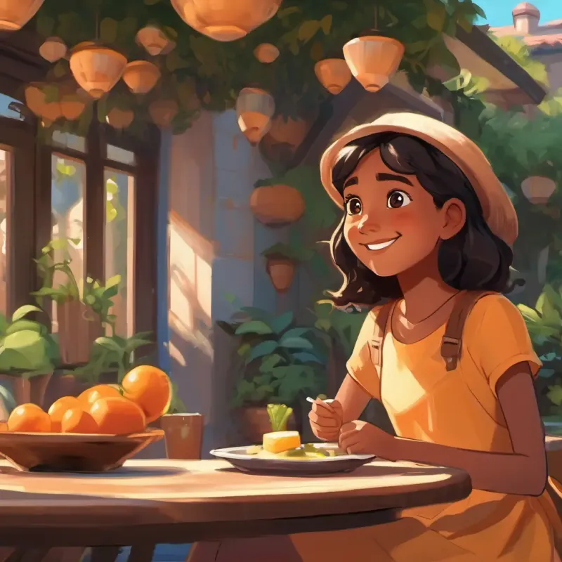 A young girl with warm brown skin, dark eyes, always with a quiet smile's lunchtime with friends, sharing customs.