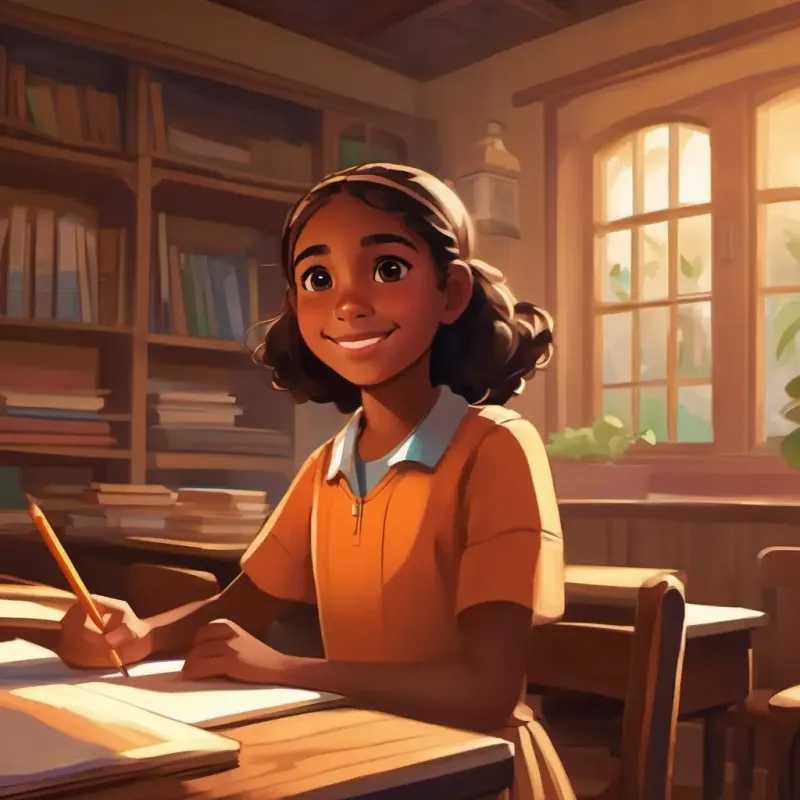 A young girl with warm brown skin, dark eyes, always with a quiet smile's appreciation of school lessons, thankful.