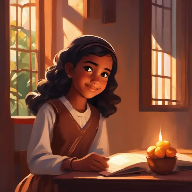 A young girl with warm brown skin, dark eyes, always with a quiet smile's reflection and third salah after school.
