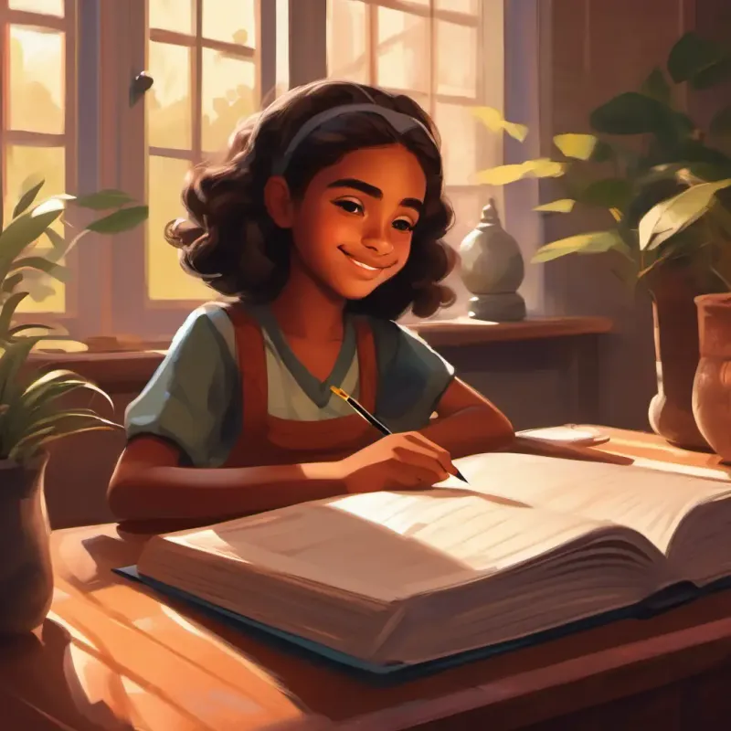 A young girl with warm brown skin, dark eyes, always with a quiet smile's homework and fourth salah at home.