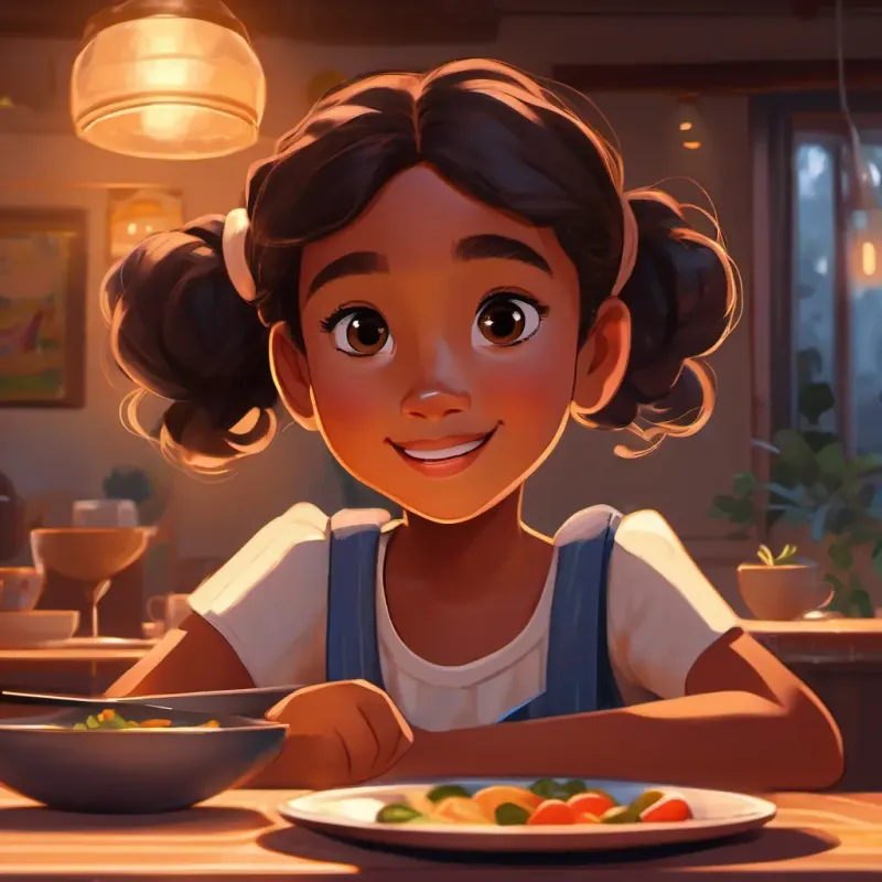 Dinner time, A young girl with warm brown skin, dark eyes, always with a quiet smile sharing her day's experiences.